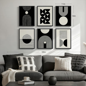 Framed Modern Abstract Black and White Boho Geometric Wall Art for Living Room Set of 6