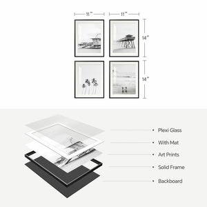 Framed Coastal Beach Black and White Wall Art for Living Room Set of 4