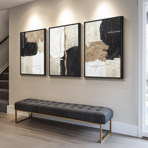 Large Framed Black and White Gold Modern Minimalist Abstract Wall Art for Living Room Set of 3