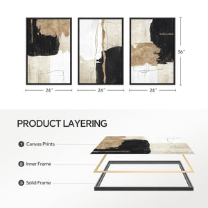 Large Framed Black and White Gold Modern Minimalist Abstract Wall Art for Living Room Set of 3