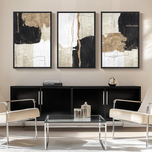 Large Framed Black and White Gold Modern Minimalist Abstract Wall Art for Living Room Set of 3