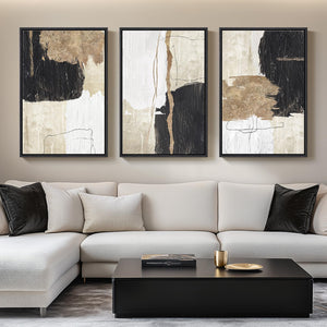 Large Framed Black and White Gold Modern Minimalist Abstract Wall Art for Living Room Set of 3