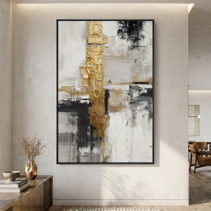 Extra Large Framed Black White Gold Contemporary Abstract Vertical Wall Art for Living Room
