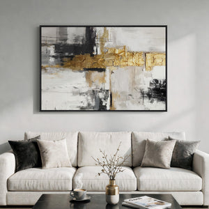 Extra Large Framed Black White Gold Contemporary Abstract Vertical Wall Art for Living Room