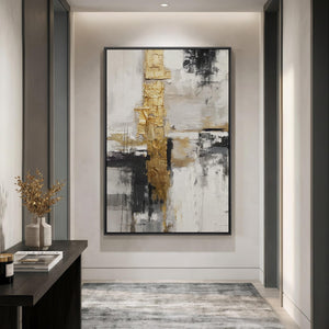 Extra Large Framed Black White Gold Contemporary Abstract Vertical Wall Art for Living Room