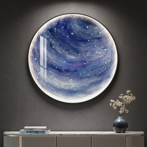 Large Framed LED Blue Round Space Modern Galaxy Wall Art for Living Room