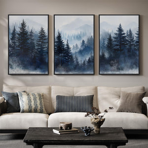 Framed Blue Foggy Forest Mountain Nature Landscape Wall Art for Living Room Set of 3