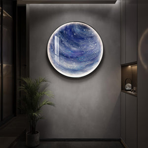 Large Framed LED Blue Round Space Modern Galaxy Wall Art for Living Room