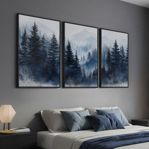 Framed Blue Foggy Forest Mountain Nature Landscape Wall Art for Living Room Set of 3