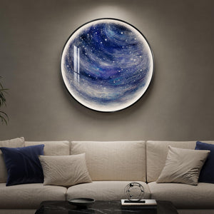 Large Framed LED Blue Round Space Modern Galaxy Wall Art for Living Room
