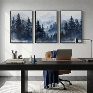 Framed Blue Foggy Forest Mountain Nature Landscape Wall Art for Living Room Set of 3