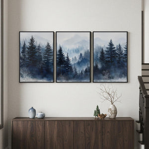 Framed Blue Foggy Forest Mountain Nature Landscape Wall Art for Living Room Set of 3