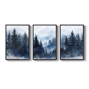 Framed Blue Foggy Forest Mountain Nature Landscape Wall Art for Living Room Set of 3