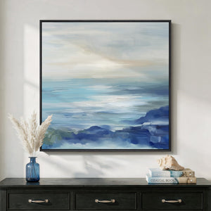 Large Framed Blue Abstract Modern Minimalist Ocean Wall Art Decor Square Coastal Canvas Print for Living Room