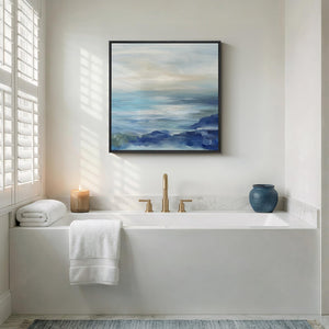 Large Framed Blue Abstract Modern Minimalist Ocean Wall Art Decor Square Coastal Canvas Print for Living Room