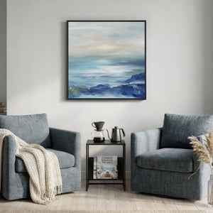 Large Framed Blue Abstract Modern Minimalist Ocean Wall Art Decor Square Coastal Canvas Print for Living Room