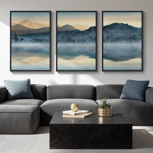 Large Framed Modern Minimalist Blue Watercolor Mountain Landscape Wall Art for Living Room Set of 3