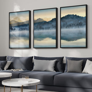Large Framed Modern Minimalist Blue Watercolor Mountain Landscape Wall Art for Living Room Set of 3
