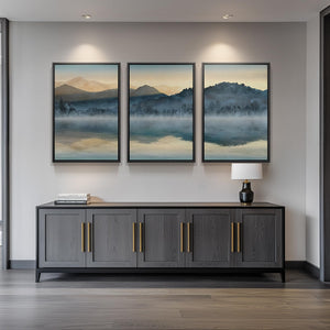 Large Framed Modern Minimalist Blue Watercolor Mountain Landscape Wall Art for Living Room Set of 3