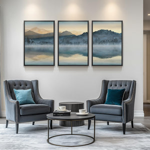 Large Framed Modern Minimalist Blue Watercolor Mountain Landscape Wall Art for Living Room Set of 3