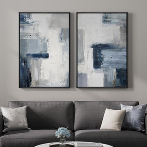 Large Framed Blue Gray Modern Minimalist Abstract Wall Art for Living Room Set of 2