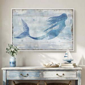 Large Framed Rustic Blue and White Coastal Ocean Mermaid Canvas Wall Art Decor for Living Room