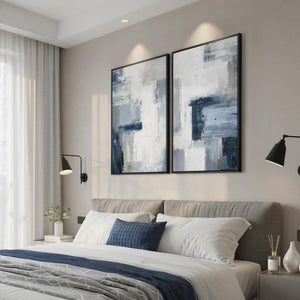 Large Framed Blue Gray Modern Minimalist Abstract Wall Art for Living Room Set of 2