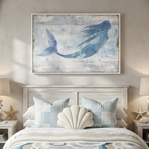 Large Framed Rustic Blue and White Coastal Ocean Mermaid Canvas Wall Art Decor for Living Room