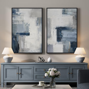 Large Framed Blue Gray Modern Minimalist Abstract Wall Art for Living Room Set of 2
