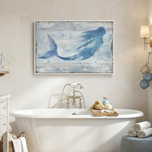Large Framed Rustic Blue and White Coastal Ocean Mermaid Canvas Wall Art Decor for Living Room