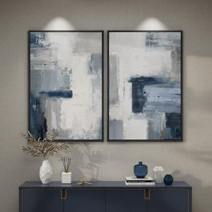 Large Framed Blue Gray Modern Minimalist Abstract Wall Art for Living Room Set of 2