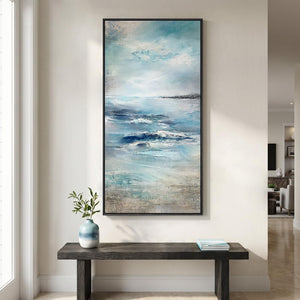 Large Framed Modern Abstract Coastal Ocean Landscape Wall Art Blue Vertical Art Print
