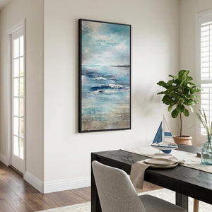 Large Framed Modern Abstract Coastal Ocean Landscape Wall Art Blue Vertical Art Print