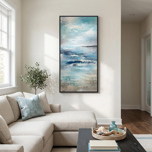 Large Framed Modern Abstract Coastal Ocean Landscape Wall Art Blue Vertical Art Print