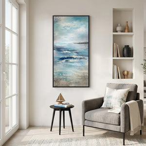 Large Framed Modern Abstract Coastal Ocean Landscape Wall Art Blue Vertical Art Print