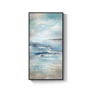 Large Framed Modern Abstract Coastal Ocean Landscape Wall Art Blue Vertical Art Print