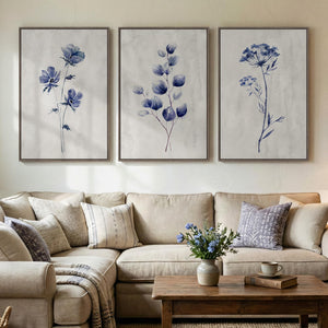 Framed Neutral Minimalist Rustic Blue Floral Botanical Wall Art for Living Room Set of 3