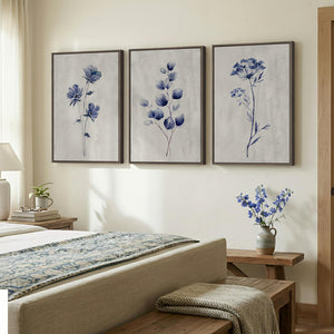 Framed Neutral Minimalist Rustic Blue Floral Botanical Wall Art for Living Room Set of 3