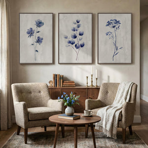 Framed Neutral Minimalist Rustic Blue Floral Botanical Wall Art for Living Room Set of 3