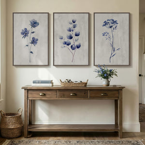 Framed Neutral Minimalist Rustic Blue Floral Botanical Wall Art for Living Room Set of 3