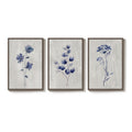 Framed Neutral Minimalist Rustic Blue Floral Botanical Wall Art for Living Room Set of 3