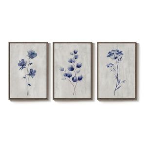 Framed Neutral Minimalist Rustic Blue Floral Botanical Wall Art for Living Room Set of 3