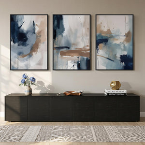 Large Framed Blue Neutral Abstract Modern Minimalist Wall Art for Living Room Set of 3