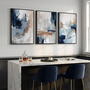 Large Framed Blue Neutral Abstract Modern Minimalist Wall Art for Living Room Set of 3