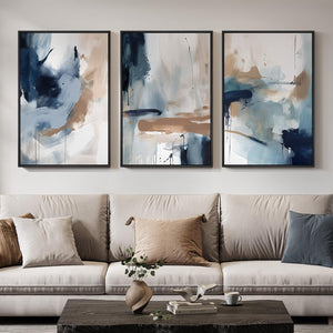 Large Framed Blue Neutral Abstract Modern Minimalist Wall Art for Living Room Set of 3