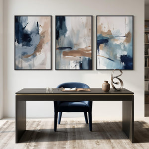 Large Framed Blue Neutral Abstract Modern Minimalist Wall Art for Living Room Set of 3