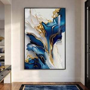 Extra Large Framed Blue White and Gold Modern Abstract Vertical Wall Art for Living Room