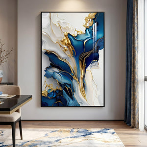 Extra Large Framed Blue White and Gold Modern Abstract Vertical Wall Art for Living Room