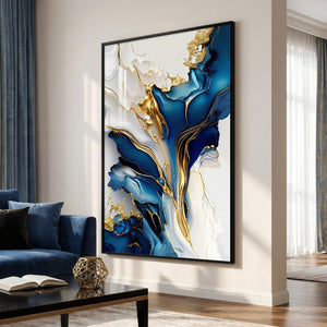 Extra Large Framed Blue White and Gold Modern Abstract Vertical Wall Art for Living Room
