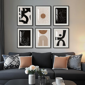 Framed Boho Black and White Brown Modern Abstract Wall Art for Living Room Set of 6